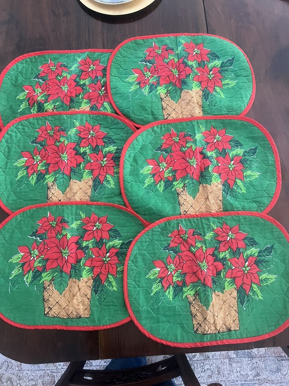 Set of 6 Vintage Cloth Quilted Placemats Christmas Poinsettia in Basket